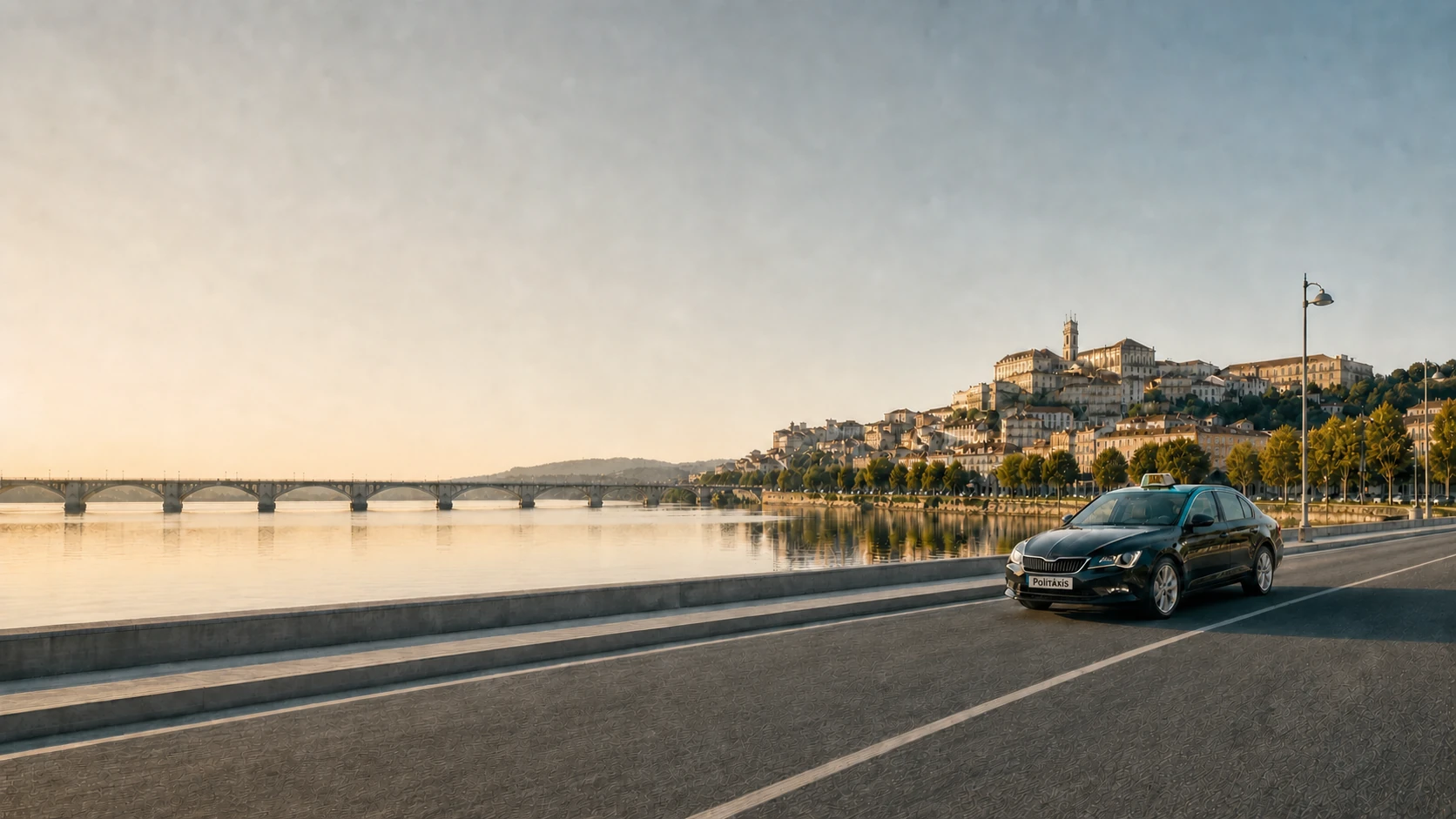 Táxi junto ao rio Mondego e à cidade de Coimbra