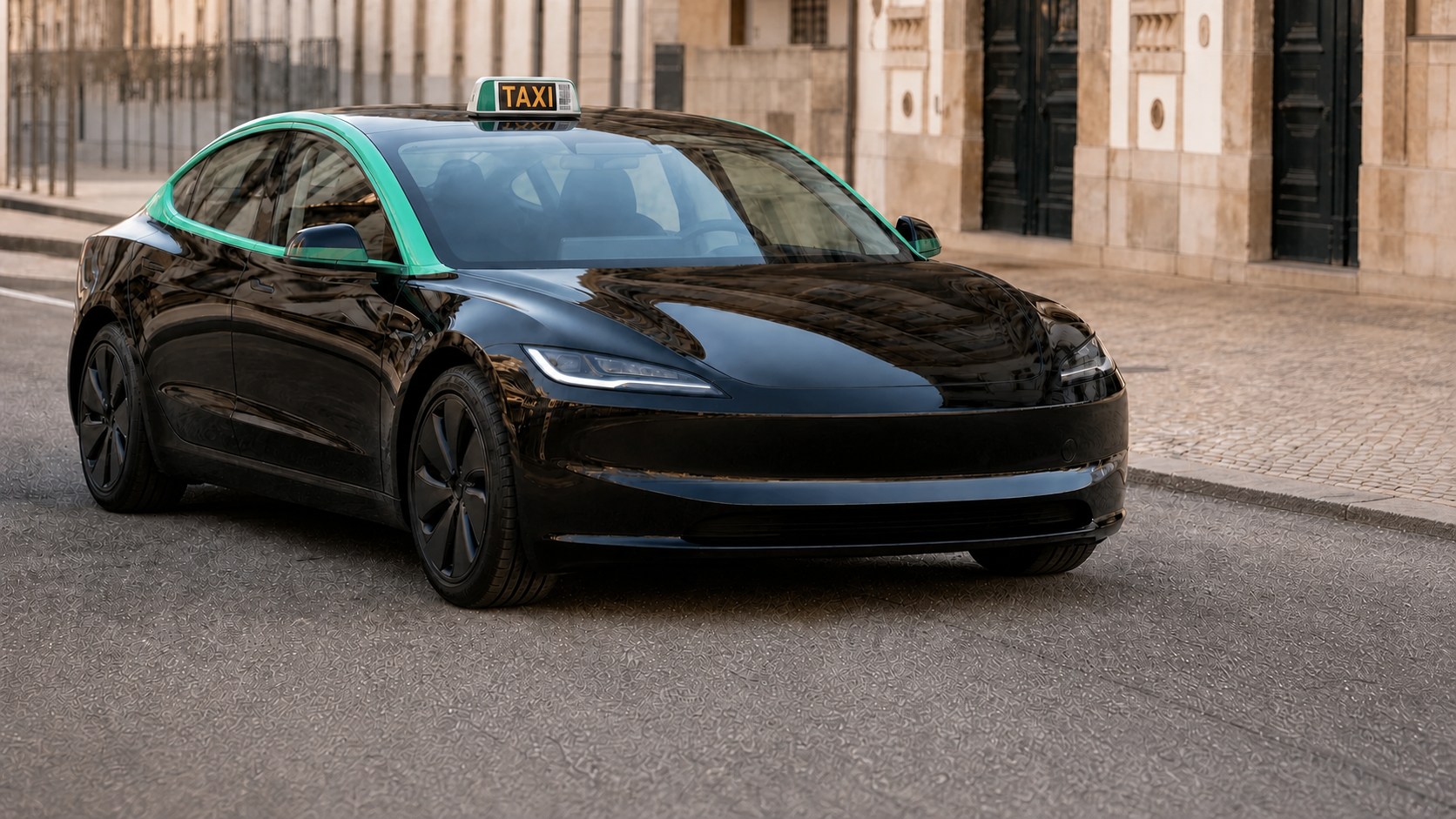 Táxi elétrico preto com lanterna portuguesa