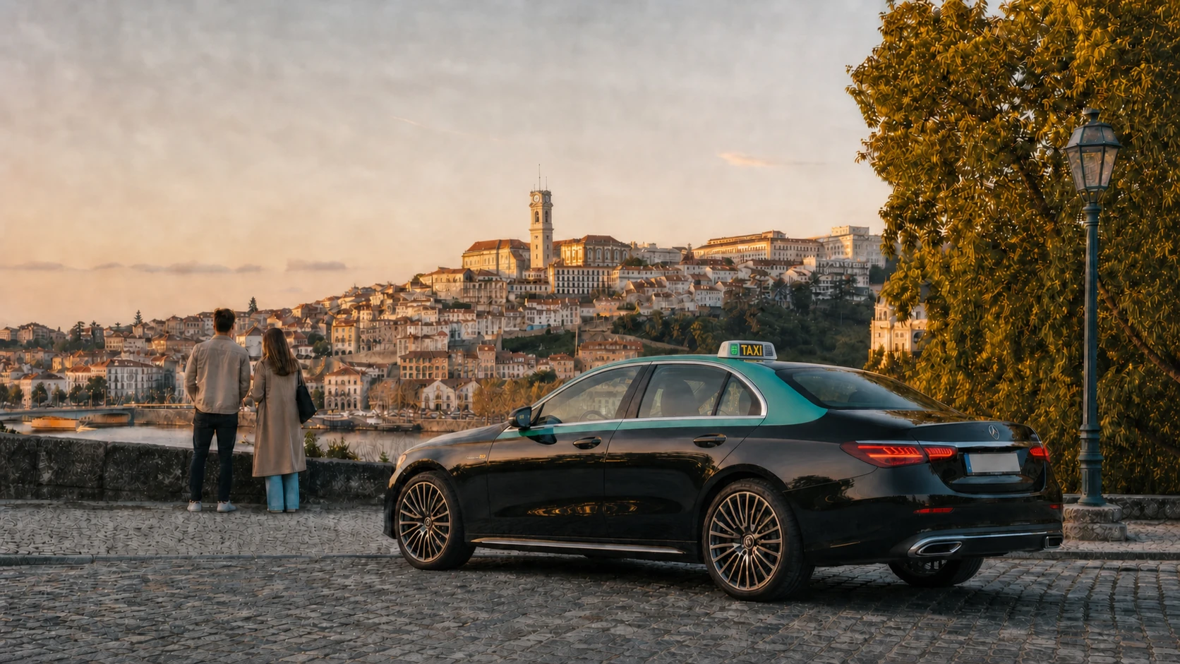 Táxi Mercedes recente com lanterna portuguesa perante a vista de Coimbra